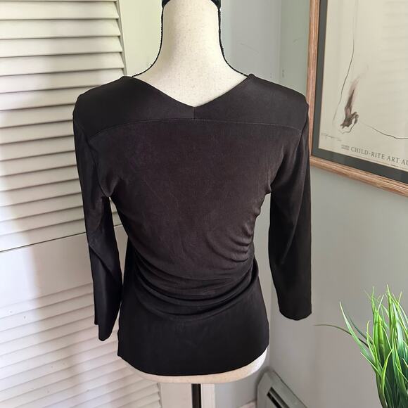 CHICOS TRAVELERS 0 XS Womens Top Brown Slinky Knit 3/4 Sleeve Stretch Casual - Picture 6 of 11